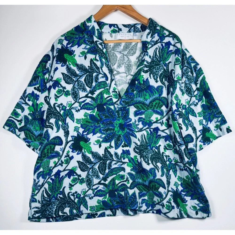 Talbots Aqua Club Cover Up Top XL Blue Green Floral Cotton Popover Swim Resort